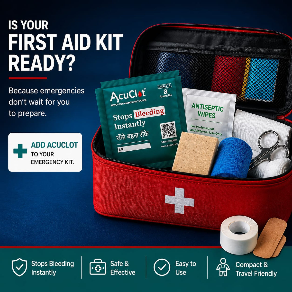 AcuClot packed inside a first aid kit alongside antiseptic wipes and bandages