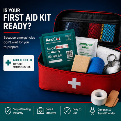 AcuClot packed inside a first aid kit alongside antiseptic wipes and bandages