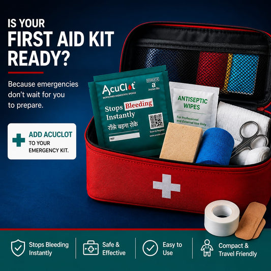 AcuClot packed inside a first aid kit alongside antiseptic wipes and bandages